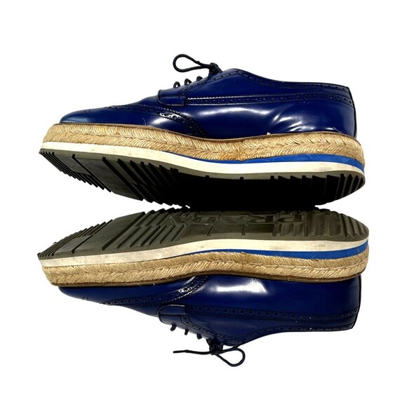 Prada Wingtip Jute Trim Platform Espadrilles in Cobalt Blue